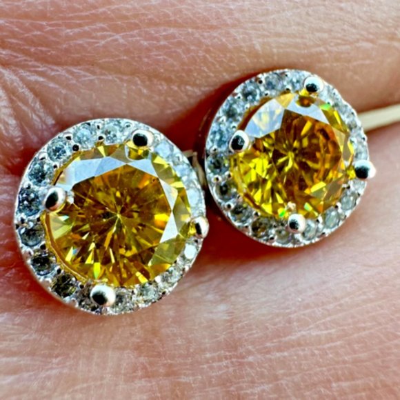 Citrine Earrings Sterling Silver 925 White Topaz Created Stud Earrings For Women - Picture 3 of 9